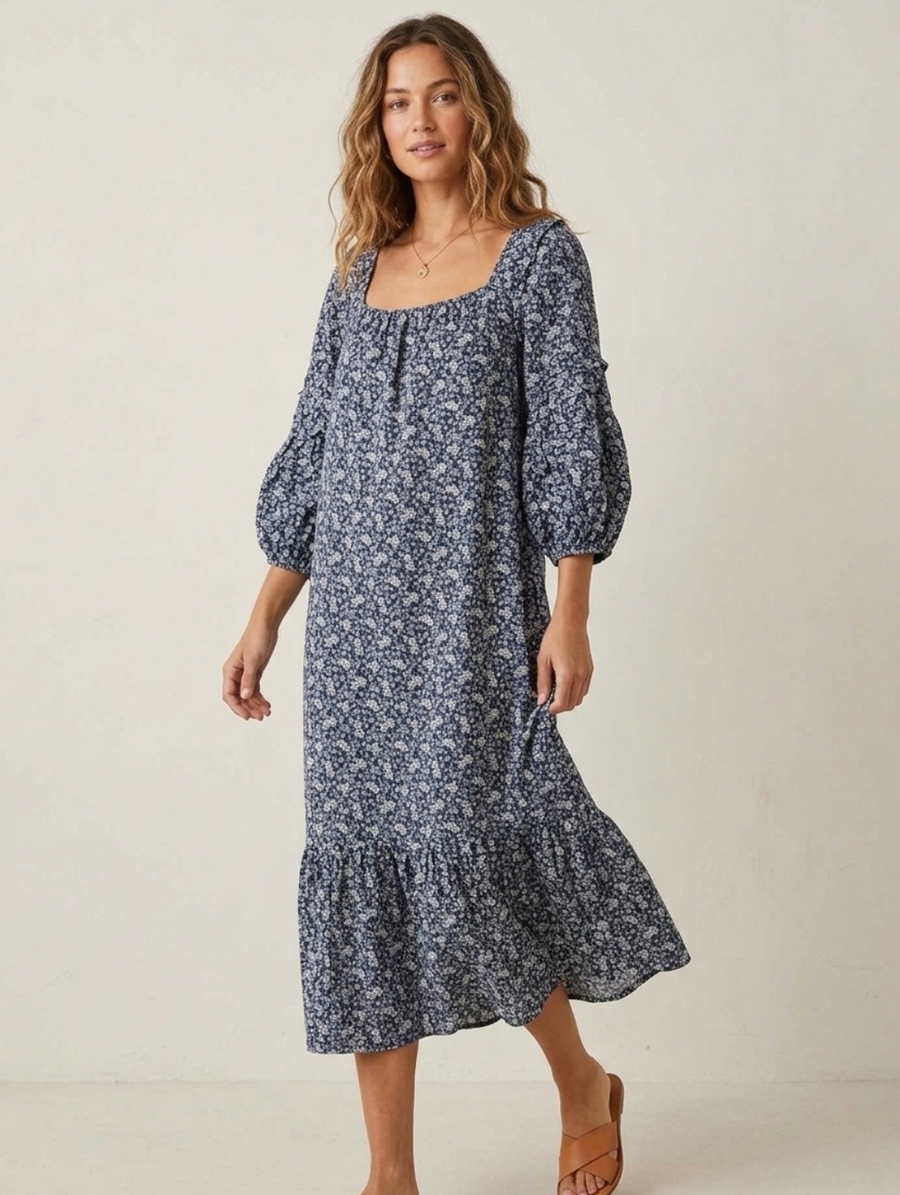Max Studio Blue Floral Puff-Sleeve Maxi Dress Large Praire Boho Cottagecore